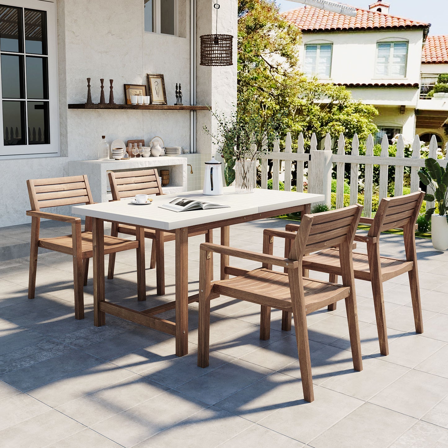 U_STYLE 5-Piece Outdoor Acacia Wood Outdoor Dining Set of 4,59.06-Inch Rectangular Table with Umbrella Hole,Suitable for Patio, Lawn, Garden, Poolside, & Indoor Use