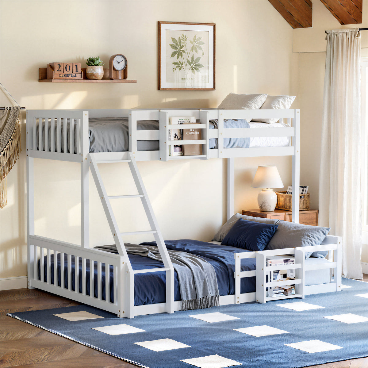 Twin Over Full Floor Bunk Bed with Ladder and Bookshelf, Space-Saving, Noise-Free, No Box Spring Needed,White