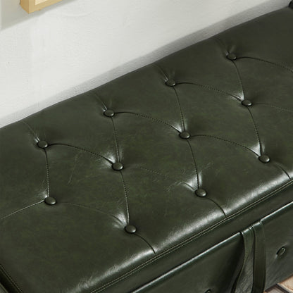 48" Ottoman Bench with Storage, Upholstered Tufted Faux Leather PU Ottoman Dark Green