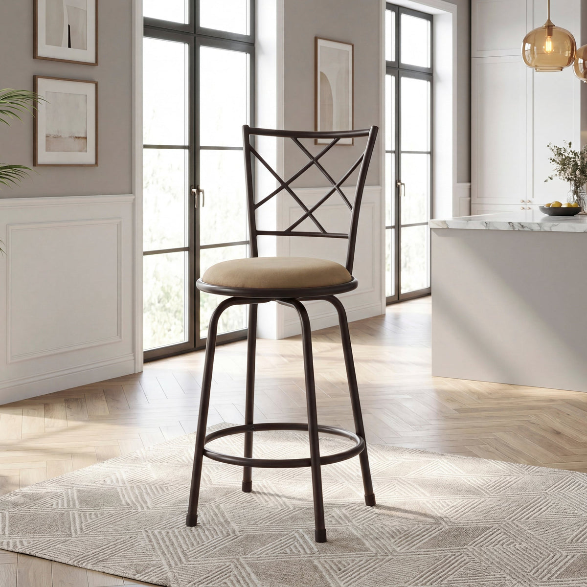 Set of 3 Convertible Chairs Swivel Counter Height, Pub Height Bar Stools Plush Rotating Seats Iron Frame Dark Brown Traditional Dining Furniture