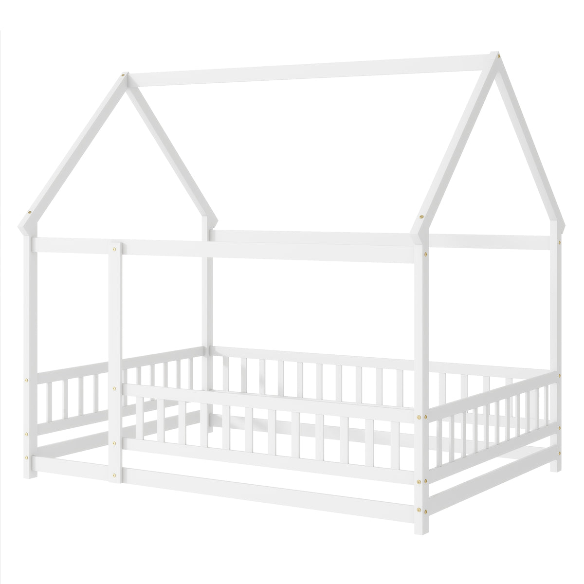 Full Size House Floor Wooden Bed with Roof Frame, Safety Guardrails,Whtie