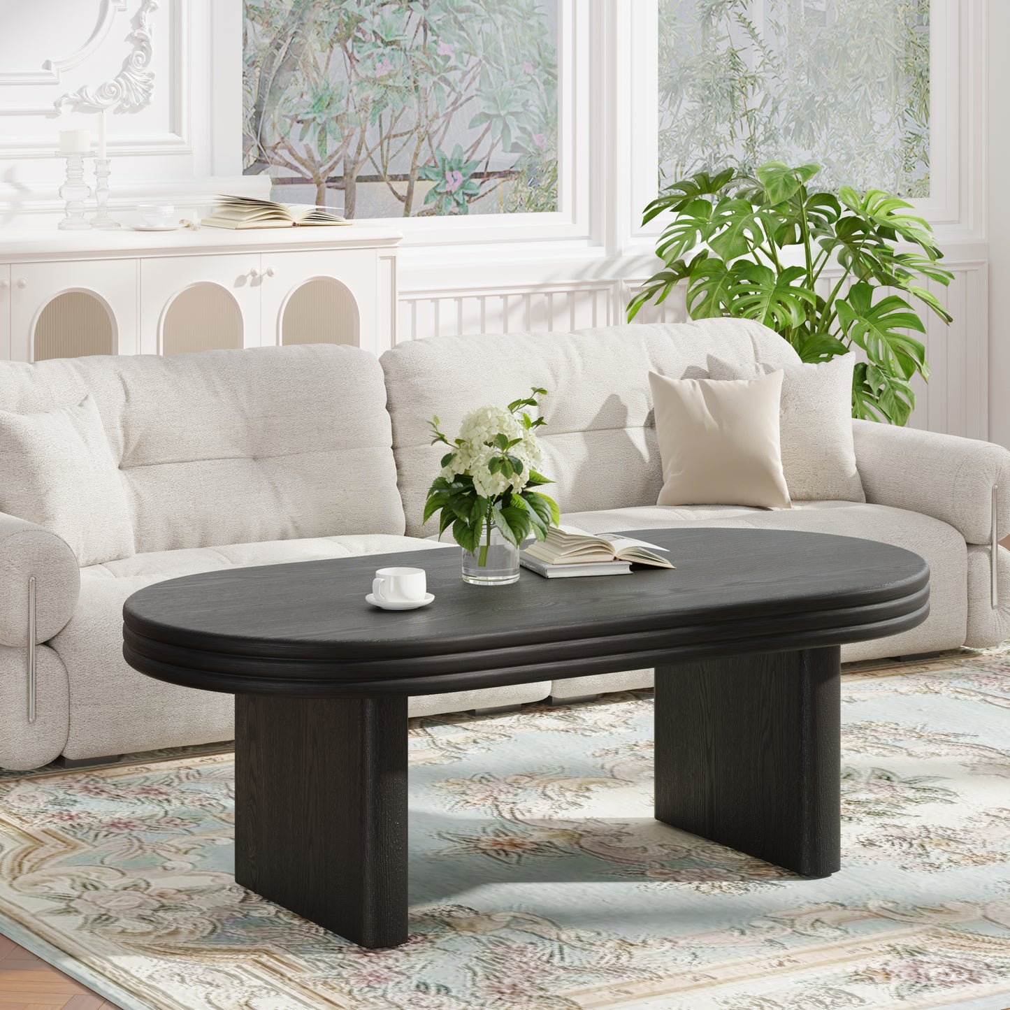 Mid Century Modern Oval Fluted Coffee Table, Farmhouse Wood Coffee Table, Cocktail Table, Center Table for Living Room, Office, Home Decor(Black, 23.62' D x 47.24' W x 16.34' H)