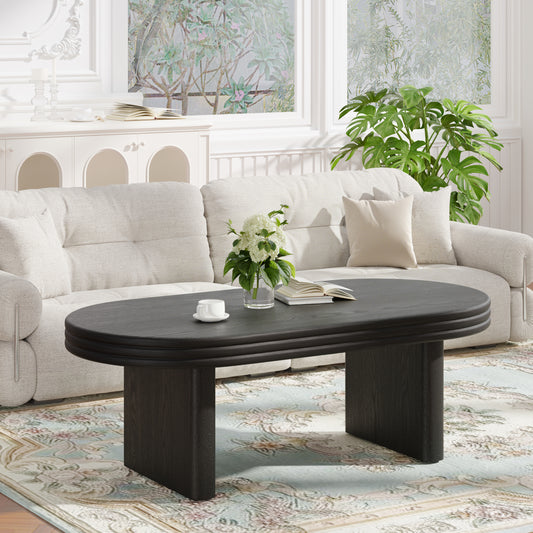 Mid Century Modern Oval Fluted Coffee Table, Farmhouse Wood Coffee Table, Cocktail Table, Center Table for Living Room, Office, Home Decor(Black, 23.62' D x 47.24' W x 16.34' H)