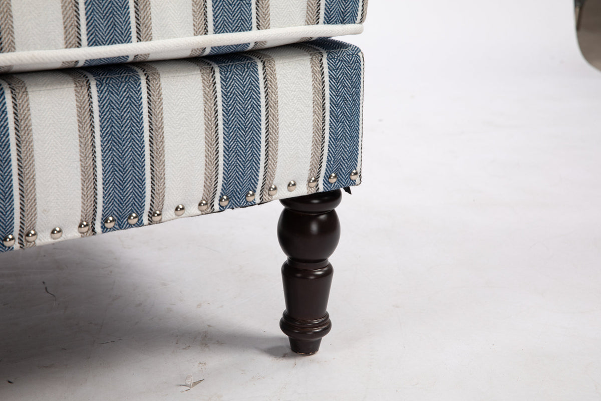 Upholstered Accent Chair, Vintage Armchair with Solid Wood Legs, Blue and White Striped Linen Fabric and Nailhead Trim for Living Room