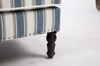 Upholstered Accent Chair, Vintage Armchair with Solid Wood Legs, Blue and White Striped Linen Fabric and Nailhead Trim for Living Room