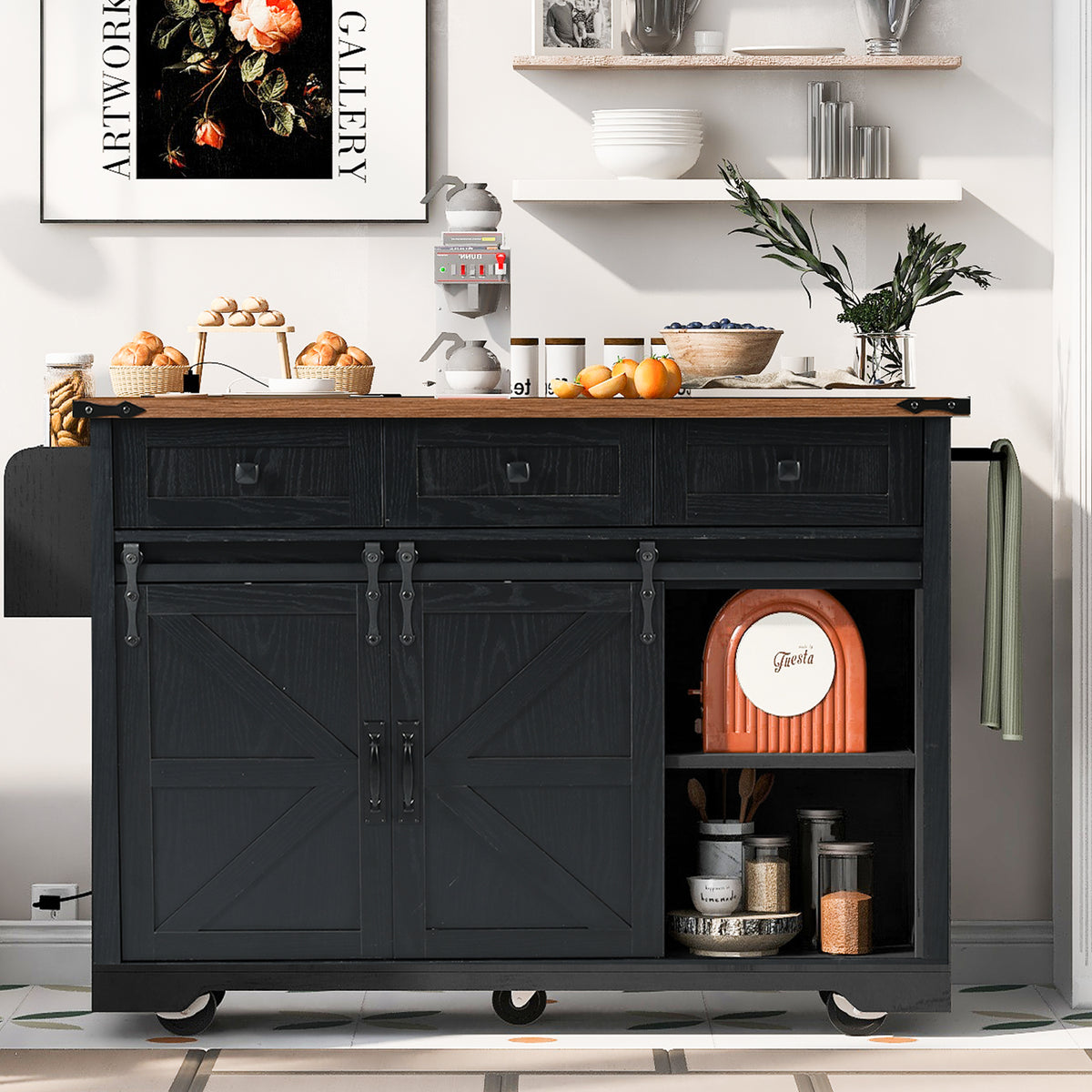 K&K 53.7" Farmhouse Kitchen Island with Power Outlet, 2 Sliding Barn Door Kitchen Storage Island with Drop Leaf – Black