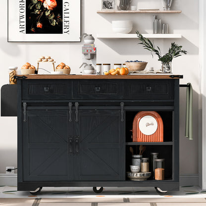 K&K 53.7" Farmhouse Kitchen Island with Power Outlet, 2 Sliding Barn Door Kitchen Storage Island with Drop Leaf – Black