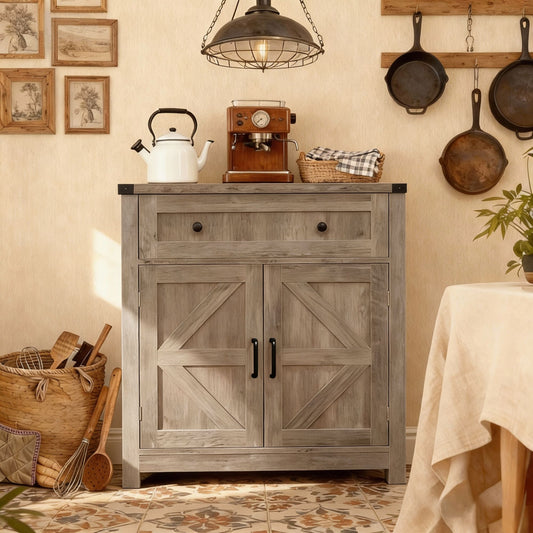 Light Gray-Washed Wood Farmhouse Barn-Door Storage Cabinet, Coffee Bar Buffet Sideboard with Drawer
