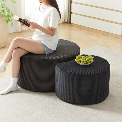 Modern Upholstered Round Coffee Table Set of 2 in Black, Corduroy Fabric, No Assembly, Perfect for Living Room or Bedroom