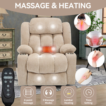 Up to 350 LBS Chenille Power Lift Recliner Chair, Heavy Duty Motion Mechanism with 8-Point Vibration Massage and Lumbar Heating, USB and Type-C Ports, Stainless Steel Cup Holders, Beige