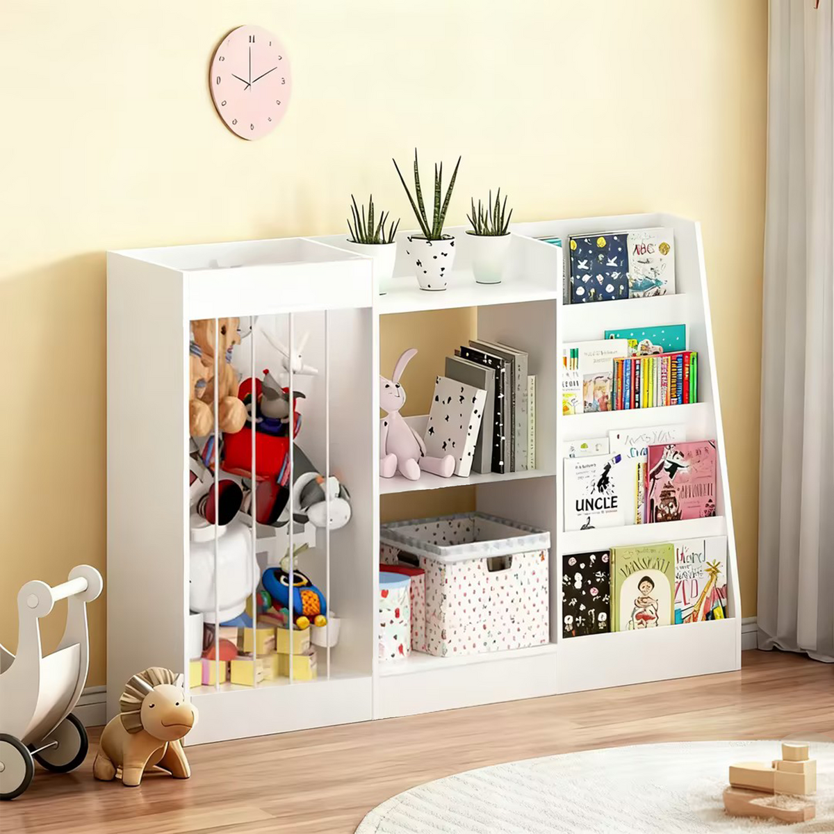 Kids Bookshelf and Toy Storage, 3-Tier Book Shelf, Sling Baby Bookcase with Stuffed Animal Storage, Toddler Montessori Bookshelf