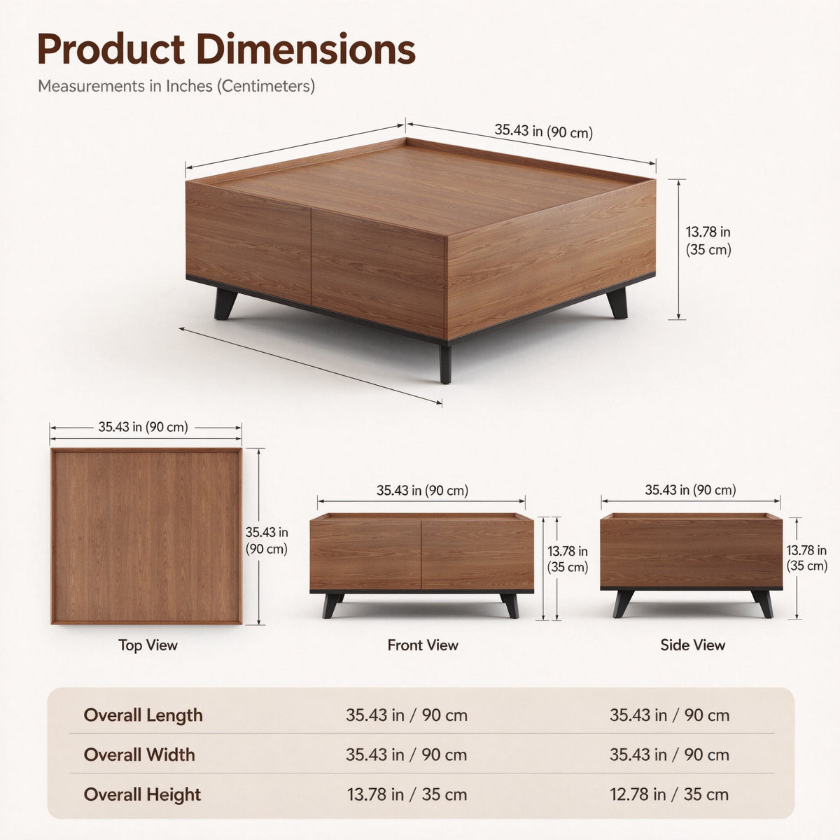 35.43" Square Walnut Finish Coffee Table with Hidden Drawer and Black Base, Modern Large Cocktail Center Table with Storage for Living Room, Apartment and Office