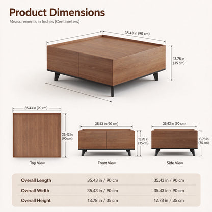 35.43" Square Walnut Finish Coffee Table with Hidden Drawer and Black Base, Modern Large Cocktail Center Table with Storage for Living Room, Apartment and Office