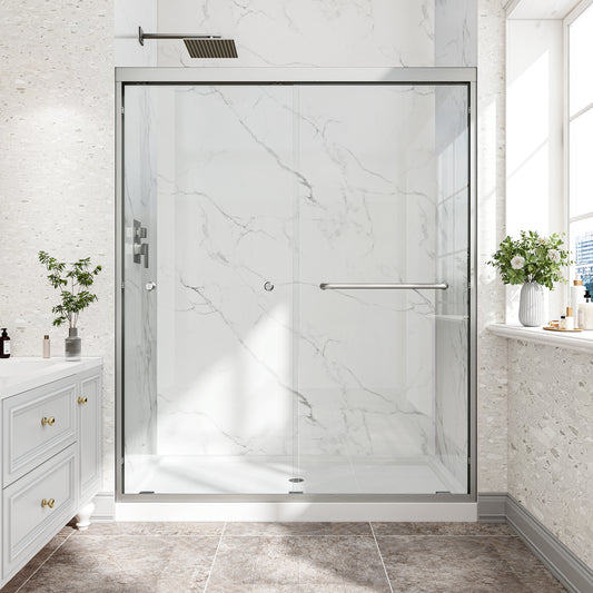 55'-60' W x 72' H Brushed Nickel Reversible Installation Double Bypass Sliding Shower Door,Aluminium Alloy Frame,1/4'(6MM) Tempered Glass With Nano Explosion-proof Membrance,Easy Installation