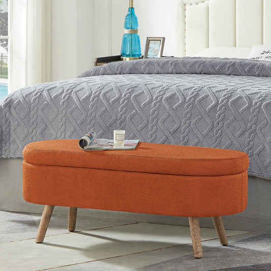 Luxury Oval Boucle Storage Ottoman Bench with Wood Legs 350lb Weight Capacity & Safety Hinge, Orange