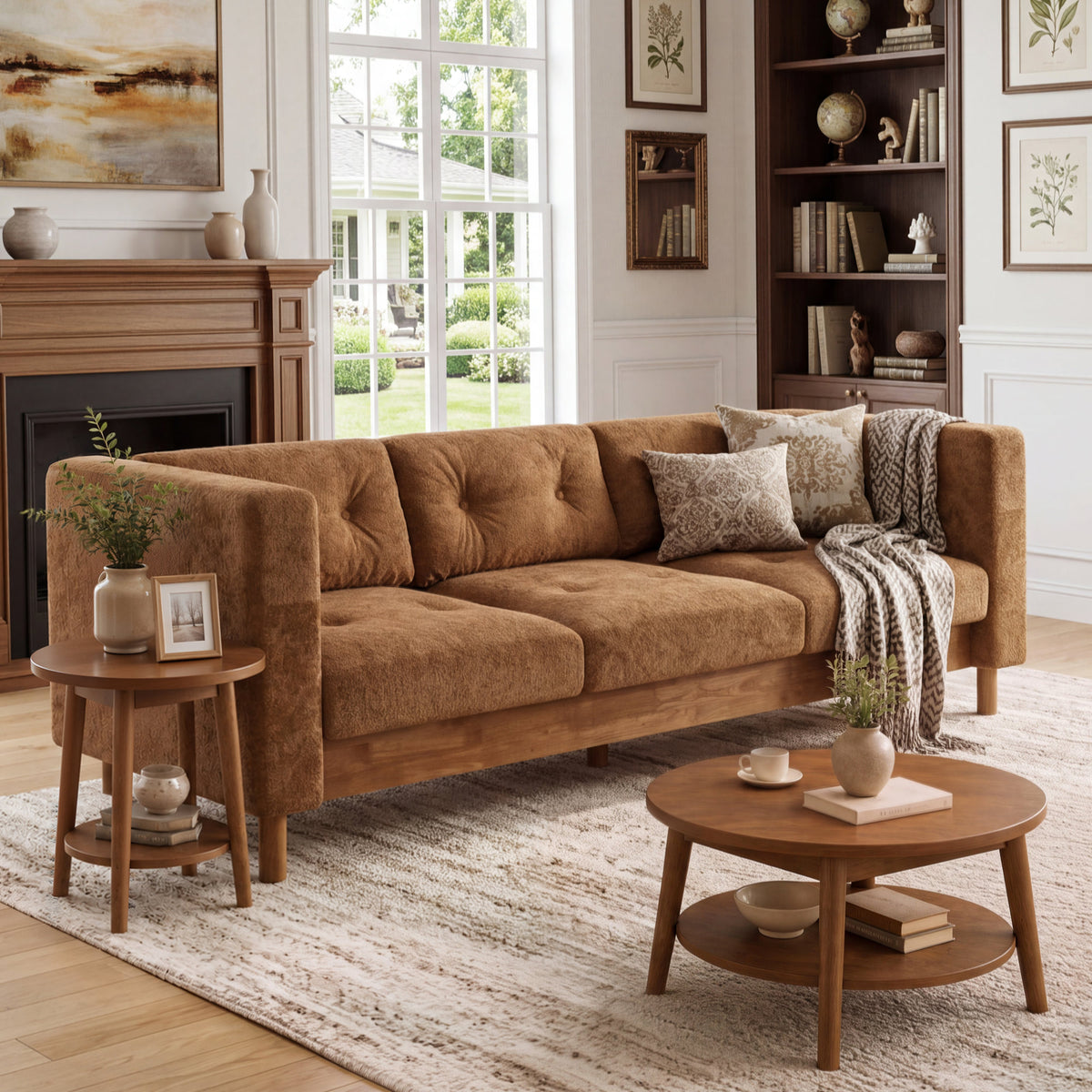 78" Modern 3 Seater Sofa Chenille Upholstered Couch with Square Arms, Tufted Pillow Back & Natural Rubber Wood Legs Multi Cushion Sofa for Living Room and Apartment Leisure Corner, Orange