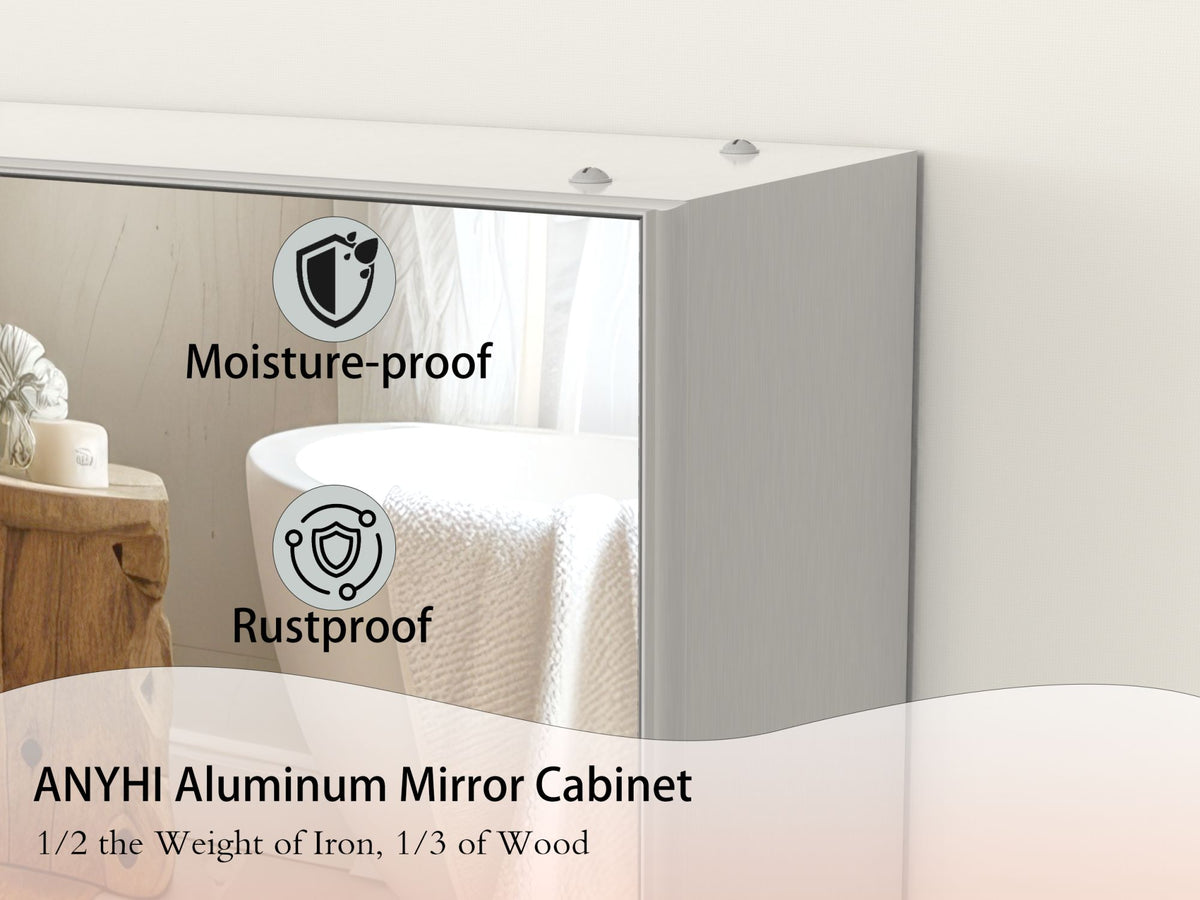 48X30 Medical Cabinet with Mirror, suitable for bathroom, wall-mounted bathroom mirror, with storage function, adjustable shelves, aluminum frame, surface-mounted, silver