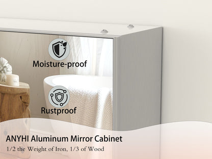 48X30 Medical Cabinet with Mirror, suitable for bathroom, wall-mounted bathroom mirror, with storage function, adjustable shelves, aluminum frame, surface-mounted, silver