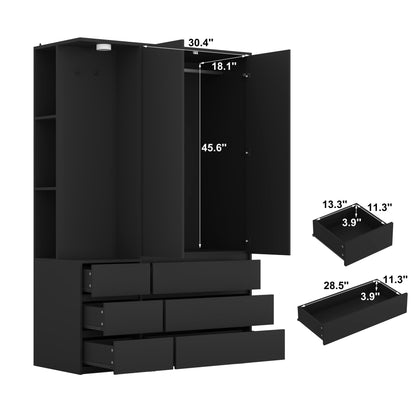 Wardrobe Closet 71.7" H, Bedroom Wooden Wardrobe with 2 Doors 6 Drawers – Black