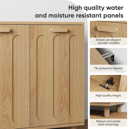 Tilt-out laundry cabinet with removable basket, concealed laundry storage, bathroom laundry storage unit, freestanding home storage rack, oak finish