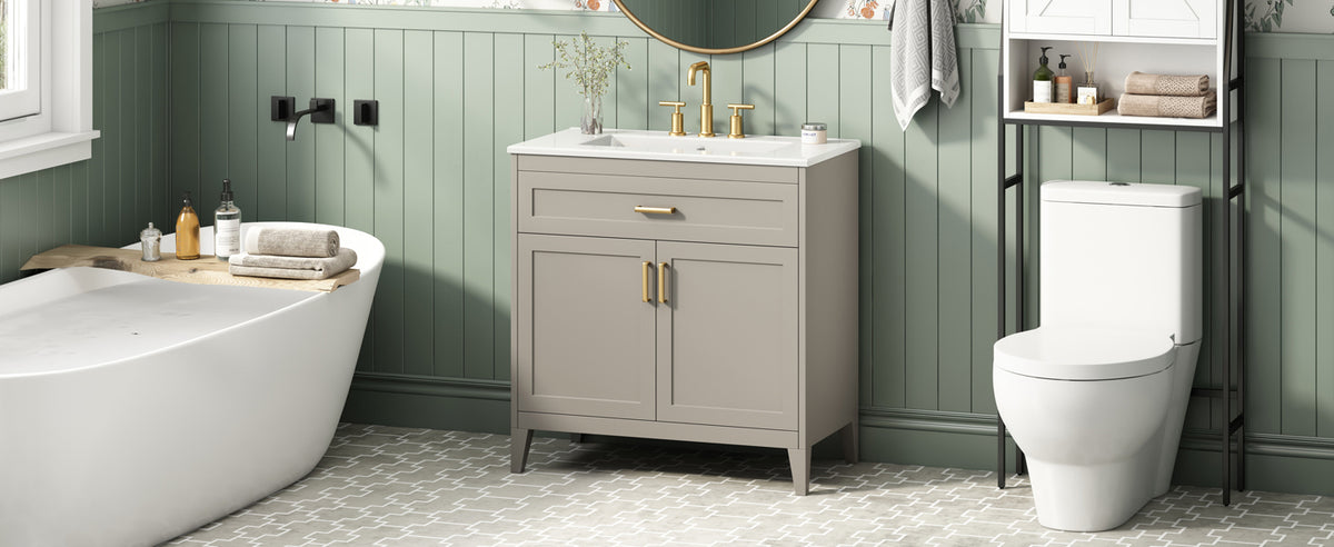 [Video] 30" Bathroom Vanity with Ceramic Sink Top, Solid Wood Legs, Soft-Close Double Doors & Tip-Out Drawer, Adjustable Interior Shelf, Door-mounted Organizers, Beige