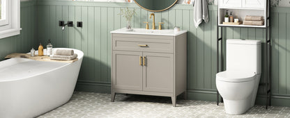 [Video] 30" Bathroom Vanity with Ceramic Sink Top, Solid Wood Legs, Soft-Close Double Doors & Tip-Out Drawer, Adjustable Interior Shelf, Door-mounted Organizers, Beige