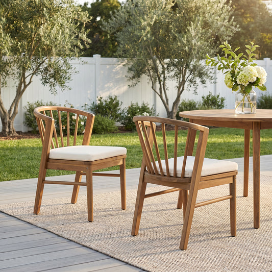 Outdoor Dining Chairs Set of 2, Acacia Wood Patio Chairs with Cream Washable Cushion, Teak