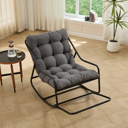 Outdoor Rocking Chair, Comfy Cushion, with Soft Thick Cushion, Reading Room, Black Frame with Grey Cushion