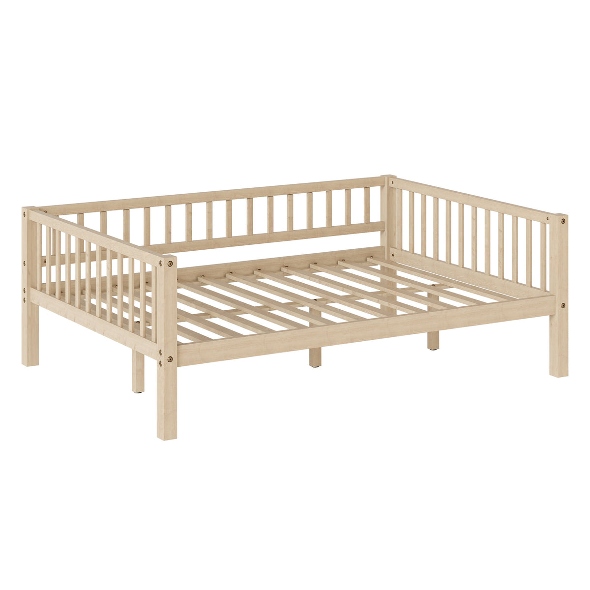 Full Size Daybed, 3-Sided Vertical Slat Guardrail Bed Frame, Breathable Wooden Slat Support Leisure Bed for Home Bedroom,Natural