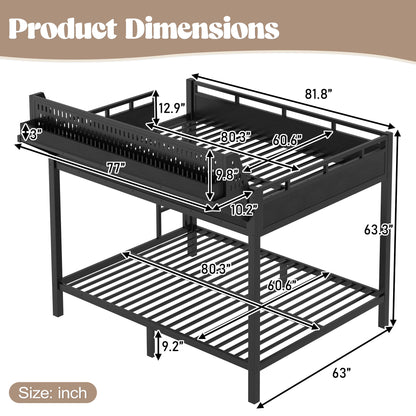 Queen over Queen Size Metal Bunk Bed with Storage Shelves and Pegboard, Bunk Bed Frame with USB Ports and LED Lights, Space-Saving, for Teens and Adults, Black