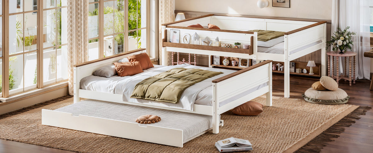 Queen over Queen Wood Bunk Bed with Pull-out Trundle Bed, Side Storage Shelf, Detachable Bunk Bed Frame, Convertible Into 2 Separate Beds for Kids Teens Adults, Beige&Natural