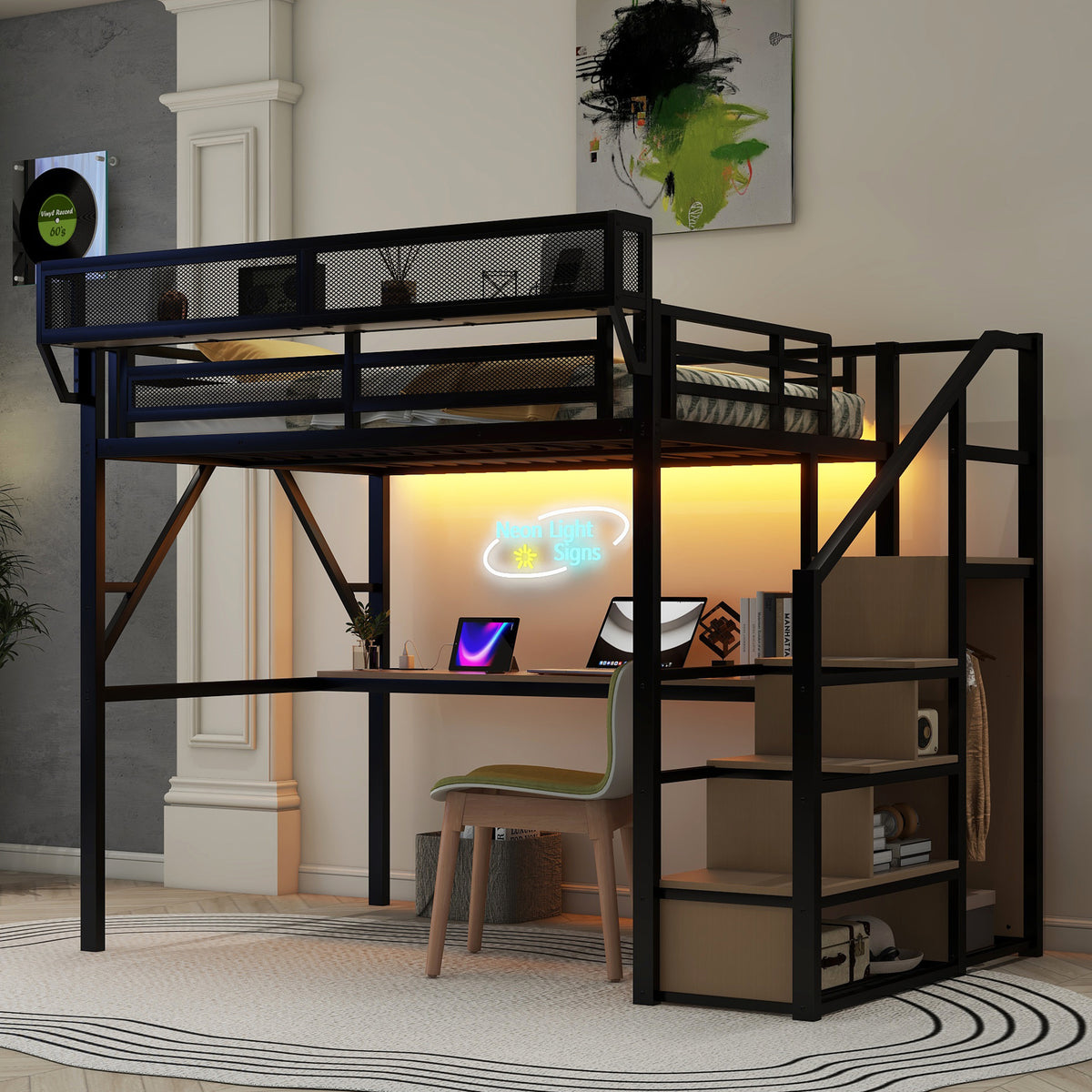 Full Loft Bed with Desk and Charging Station, Full Size Metal Loft Bed with Stairs and Light for Kids Teens, Black, Patent Products((Old SKU W2580S00054) )