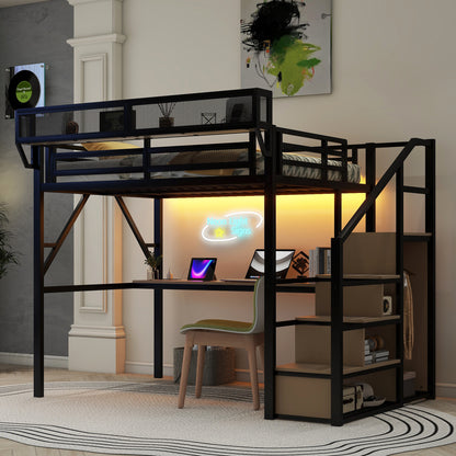 Full Loft Bed with Desk and Charging Station, Full Size Metal Loft Bed with Stairs and Light for Kids Teens, Black, Patent Products((Old SKU W2580S00054) )