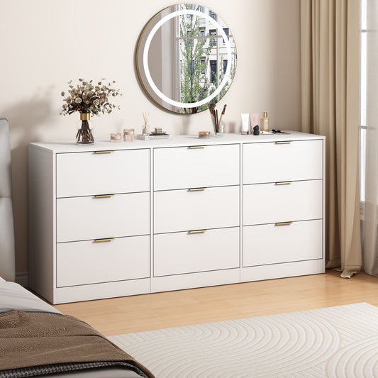 White 9 Drawer Dresser, 63" Large Deep Chest of Drawers, Wooden Dresser Storage Cabinet with 9 Drawers, Long Dressers – Model W409S00015