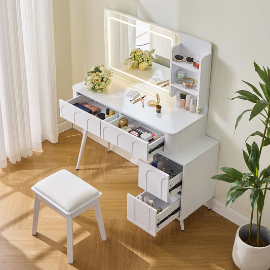 Modern Makeup Vanity Desk with LED Lights & Mirror, 4 Drawer Dressing Table Set, Space-Saving, White