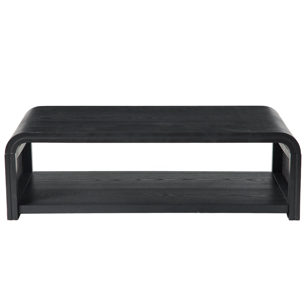 Curved Rectangular Coffee Table with Rattan Sides, 2-Tier Storage Wooden Center Table,Boho Farmhouse Low Tea Table,suitable for Living Room,Apartment, Home Decor,Black