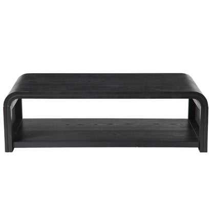 Curved Rectangular Coffee Table with Rattan Sides, 2-Tier Storage Wooden Center Table,Boho Farmhouse Low Tea Table,suitable for Living Room,Apartment, Home Decor,Black