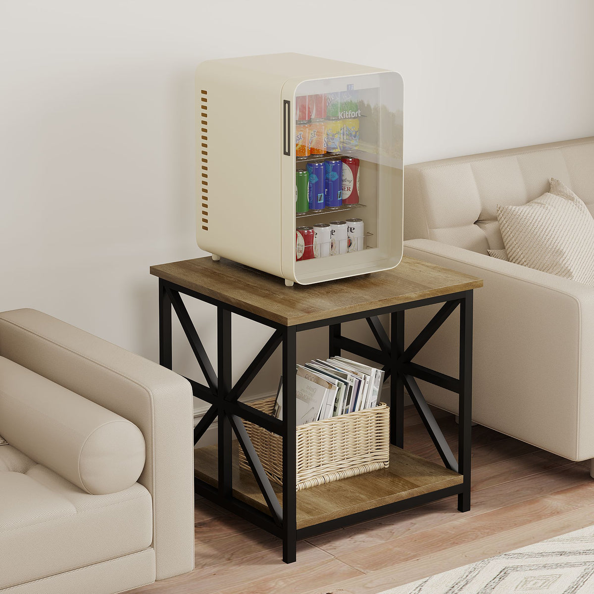 24" End Table with Storage, 2-Tier Side Table with Open Shelves for Living Room, Bedroom Nightstand, Farmhouse Accent Table, Grey Wash