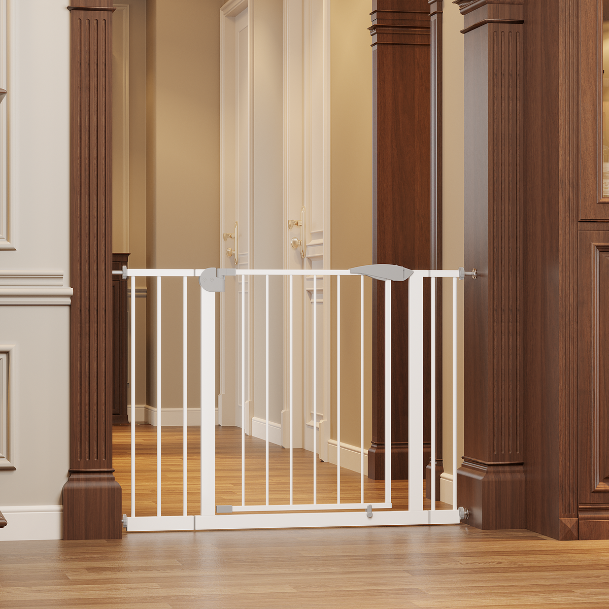 29.5-44.1" Wide Baby Gate for Stairs, Dog Gate Indoor for Doorways, No Drilling Pressure Mounted Pet Gates for Kids, Easy Walk Through Safety Gate, White