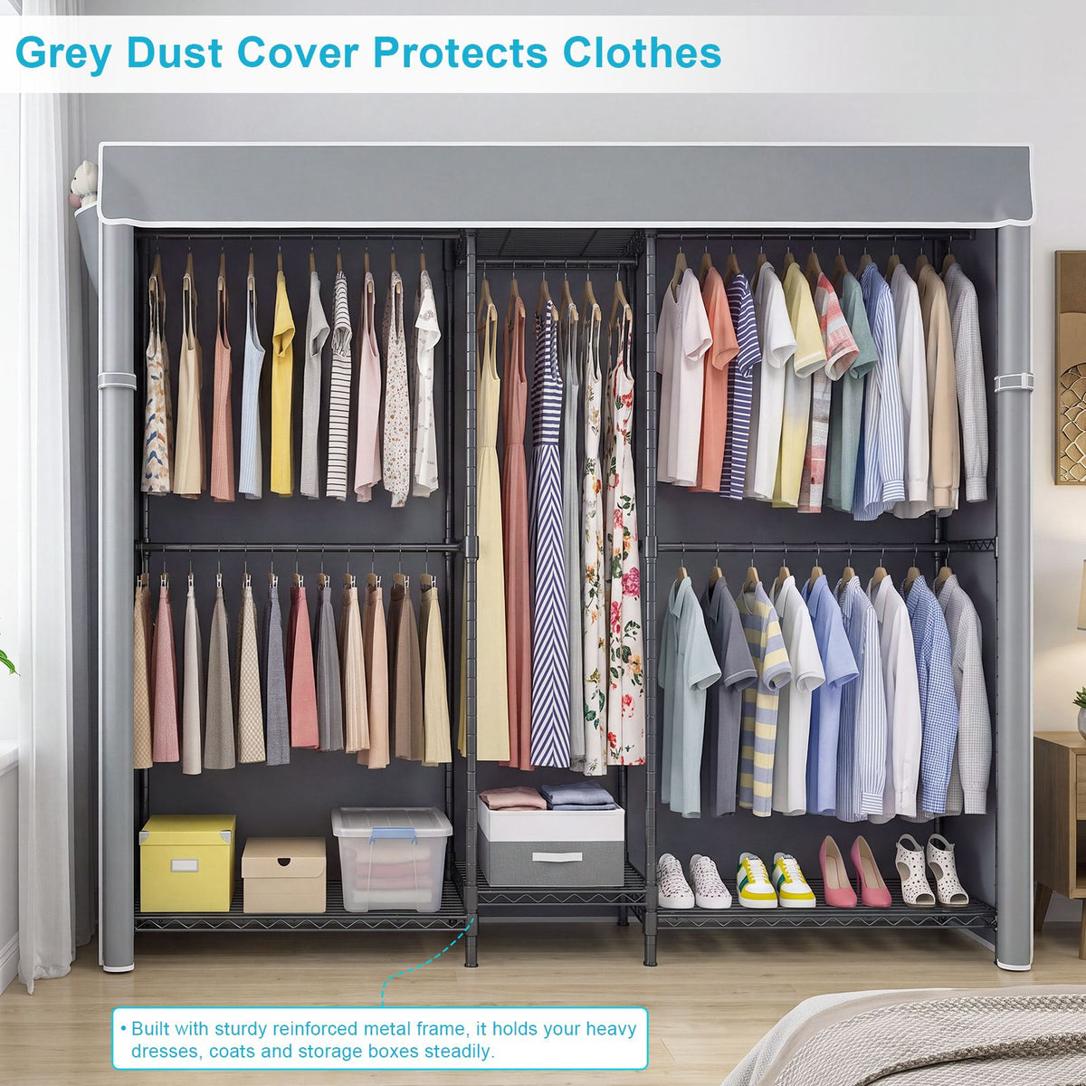 Heavy Duty Closet Organizer System, Freestanding Clothing Rack with Shelves, Adjustable Garment Rack with Grey Cover & Side Pocket, Portable Closets for Hanging Clothes, 72.8''×17.7''D×76.77''H, Black