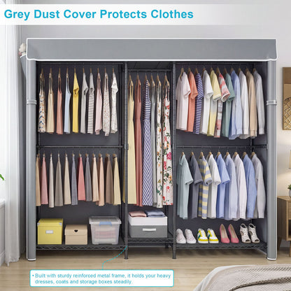 Heavy Duty Closet Organizer System, Freestanding Clothing Rack with Shelves, Adjustable Garment Rack with Grey Cover & Side Pocket, Portable Closets for Hanging Clothes, 72.8''×17.7''D×76.77''H, Black