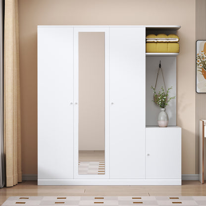 4-Door Wardrobe with Shelves, Drawers, and Full-Length Mirror, White