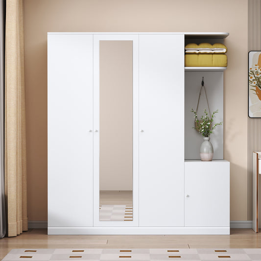 4-Door Wardrobe with Shelves, Drawers, and Full-Length Mirror, White