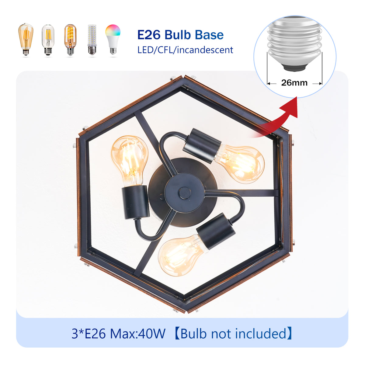 Rustic Farmhouse Wood Flush Mount Ceiling Light Fixture 14.57 inch Wood and Metal Cage Semi Flush Mount Ceiling Light for Hallway Entry Dining Farmhouse Bedroom Living Room,--Matte Black
