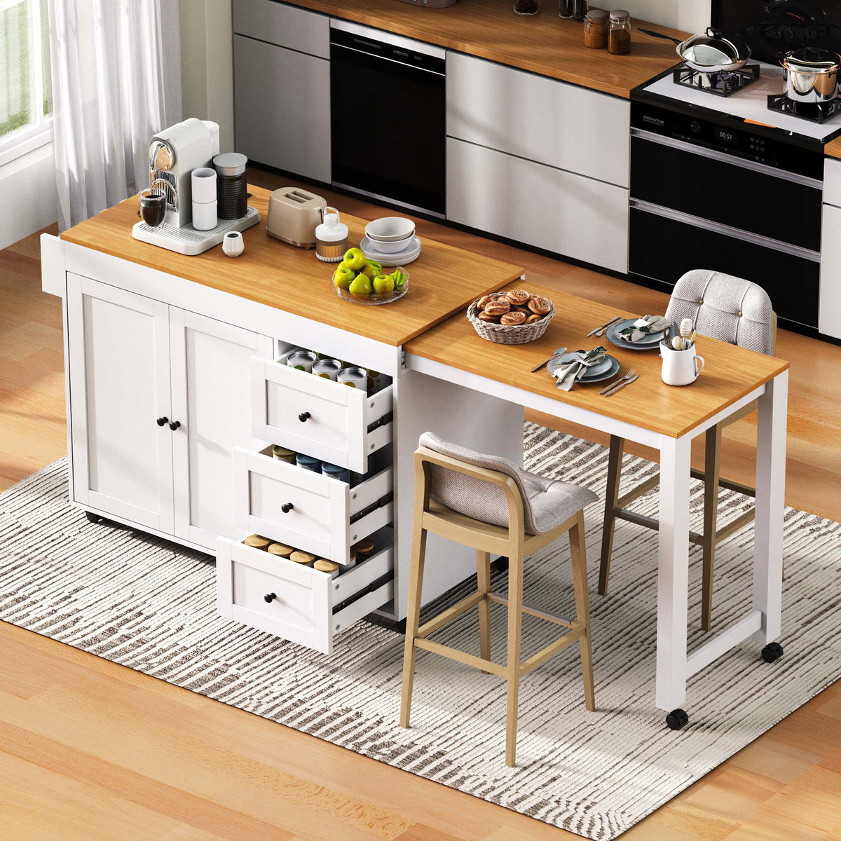 K&K 74.8" Kitchen Island with Extendable Dining Table, Kitchen Storage Cart with 3 Drawers, Power Outlet
