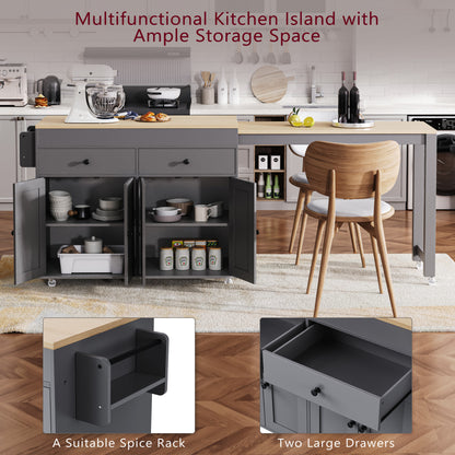 K&K 74.5 inch Kitchen Island with Extendable Dining Table, Rolling Kitchen Island on Wheels with Spice Rack and 2 Drawers, 4 Door Cabinet