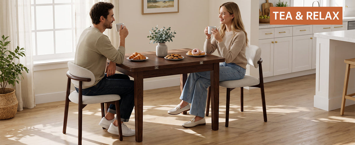 51.2" Solid Wood Folding Dining Table, Rotating Drop Leaf Design with Walnut Finish, Space-Saving Kitchen Table for 4-6 People, Farmhouse Style for Small Apartments, Easy Assembly