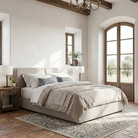 Modern Tufted Queen Size Upholstered Platform Bed Frame in Dual-Tone Faux Linen, Premium Biscuit Stitching Headboard, Beige