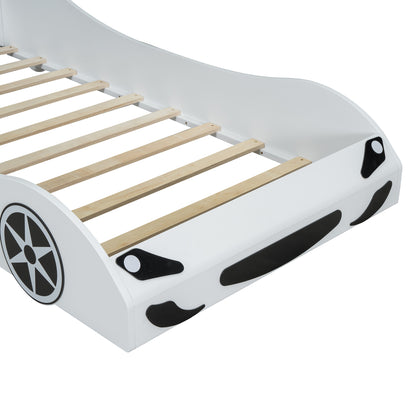 Wood Twin Size Race Car-Shaped Platform Bed with LED and Upholstered Backrest, White