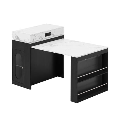[VIDEO] TREXM Extendable Dining Table with Folding Tabletop, Bar Table with Drawers and Power Outlet, Kitchen Island with Wheels and Hooks, Sideboard for Kitchen and Dining Room (Black+Marble White)